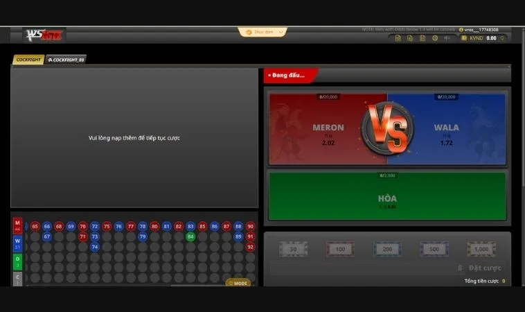 Giao diện đặt cược Đá Gà WS168 Tại Loto188