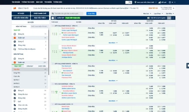 Giao diện đặt cược kèo cá cược quần vợt Loto188